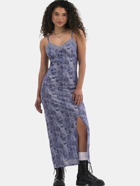 Satin slip dress L lace trim babydoll floral Y2K whimsygoth prom hoco event maxi
